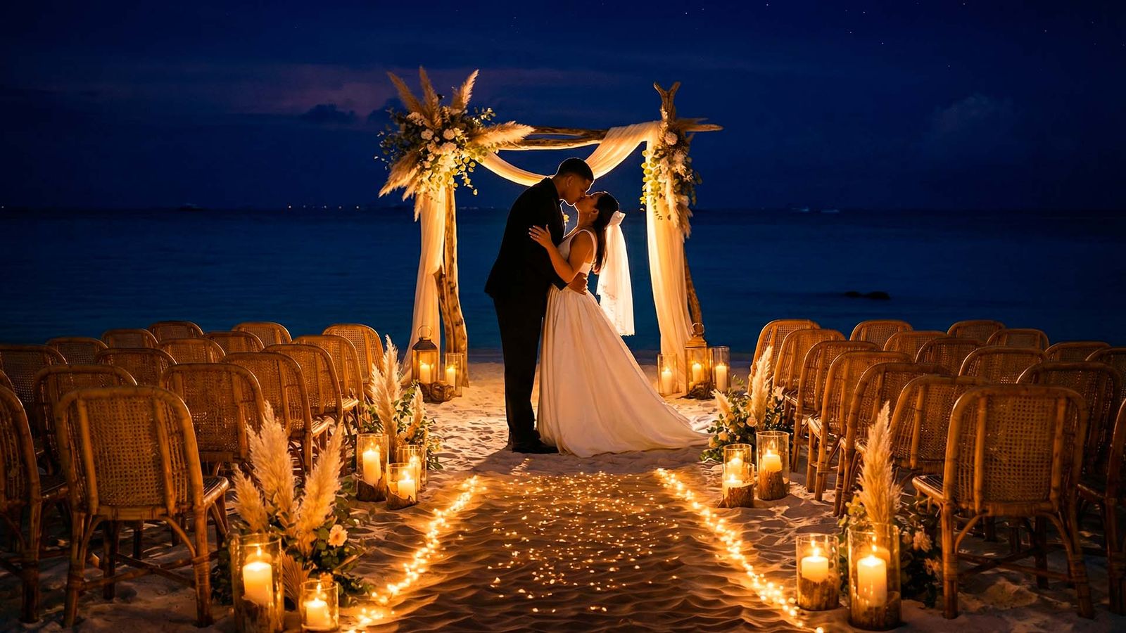 Guests celebrating at sunset