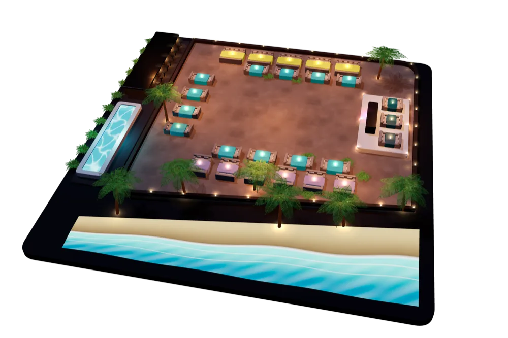 Plano de mesas: barra y alberca a la izquierda, pista al centro, cabina del DJ con 3 mesas VIP a la derecha, 5 mesas amarillas al frente, 12 turquesa alrededor de la pista y 6 lilas junto a la playa